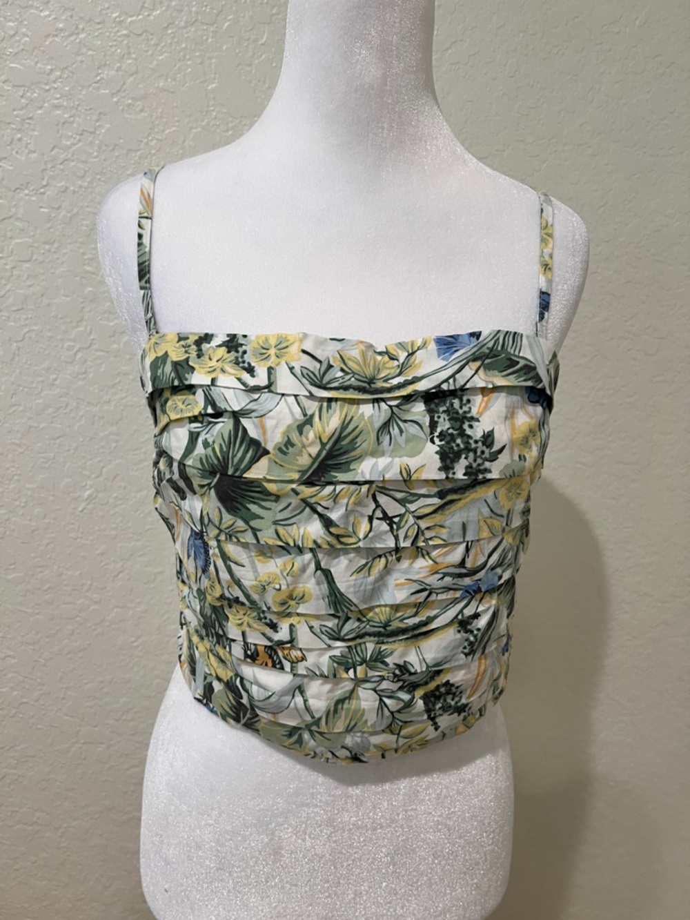 Abercrombie & Fitch Ruched Crop Top - White with Green & Yellow Leaf Print